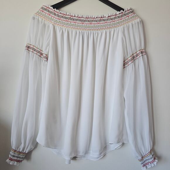 White House Black Market Off-Shoulder Peasant Blouse White Smocked Boho Size L - Picture 3 of 7